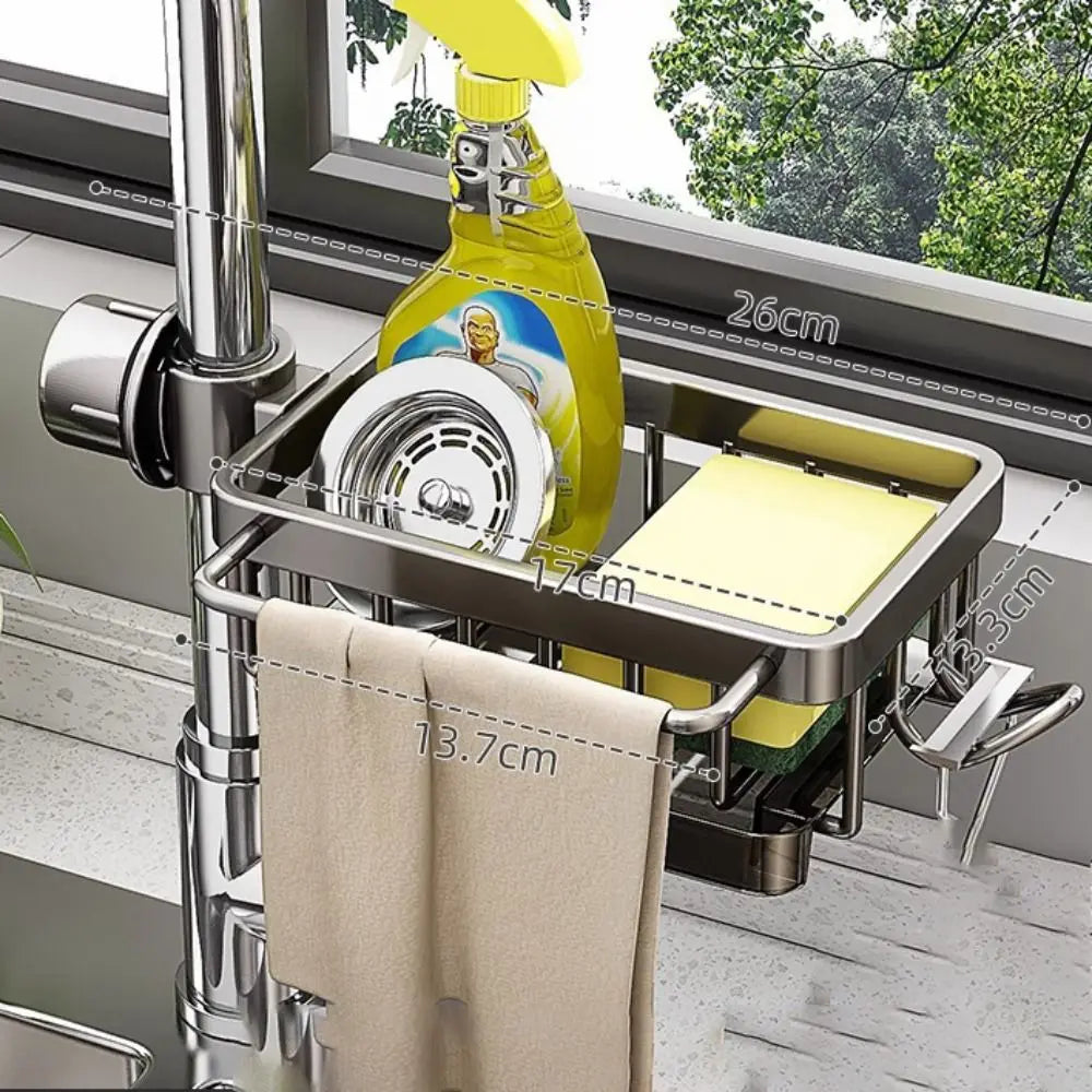 Kitchen sink organizer faucet storage rack by VelmoraMart for keeping soap, sponges, brushes and kitchen sink essentials neatly organized