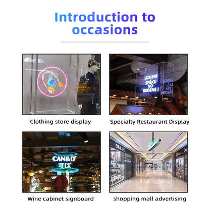 VelmoraMart 3D hologram projector display showing a floating LED animation in a modern retail space.