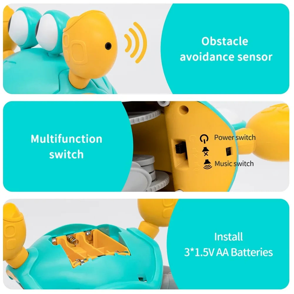 Interactive dancing crab toy for kids with music, crawling action, colorful lights, and obstacle avoidance from VelmoraMart