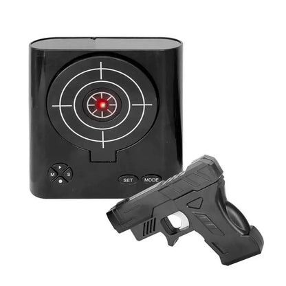 VelmoraMart target alarm clock on a nightstand with an infrared blaster, showing the interactive shooting target feature