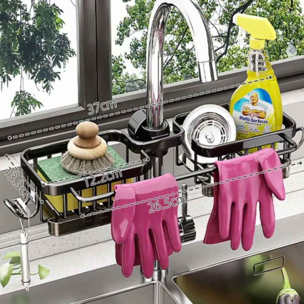 Kitchen sink organizer faucet storage rack by VelmoraMart for keeping soap, sponges, brushes and kitchen sink essentials neatly organized