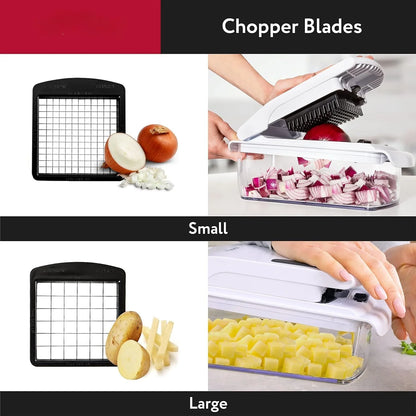 Multifunctional vegetable food cutter slicing fresh zucchini on a kitchen counter