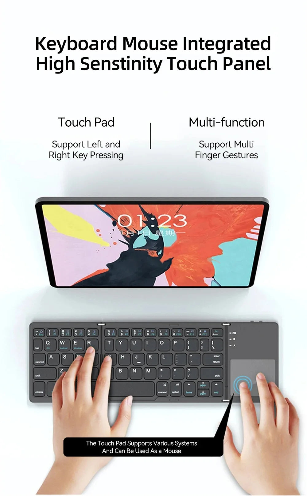 A premium foldable keyboard set up on a mobile desk for travel.