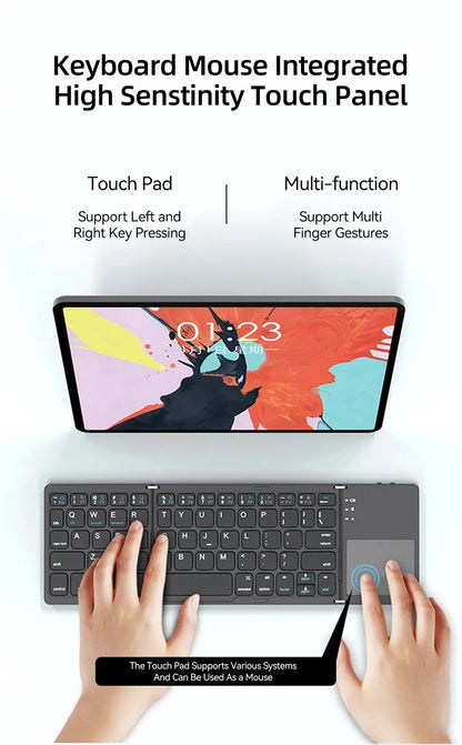 A premium foldable keyboard set up on a mobile desk for travel.