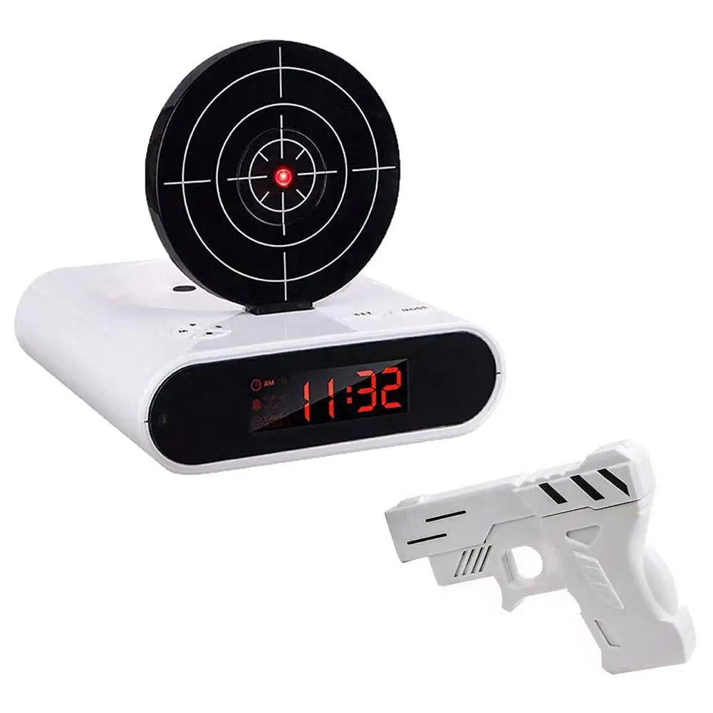 VelmoraMart target alarm clock on a nightstand with an infrared blaster, showing the interactive shooting target feature