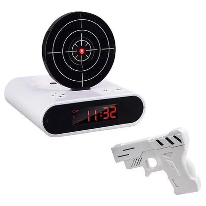 VelmoraMart target alarm clock on a nightstand with an infrared blaster, showing the interactive shooting target feature