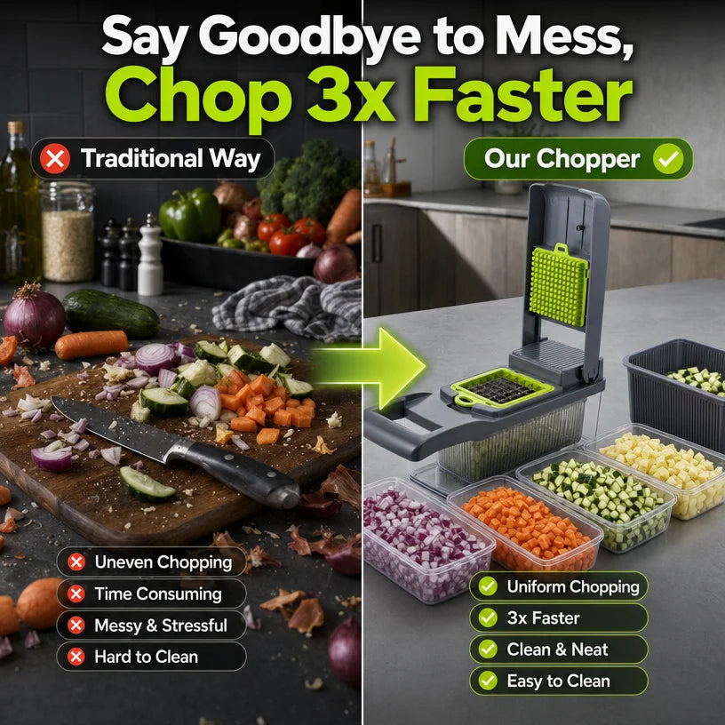 Manual vegetable chopper slicing fresh vegetables on a kitchen counter