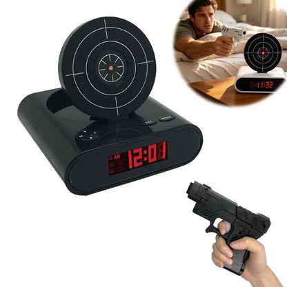 VelmoraMart target alarm clock on a nightstand with an infrared blaster, showing the interactive shooting target feature