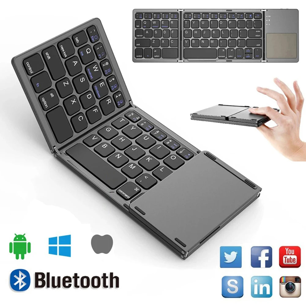 A premium foldable keyboard set up on a mobile desk for travel.
