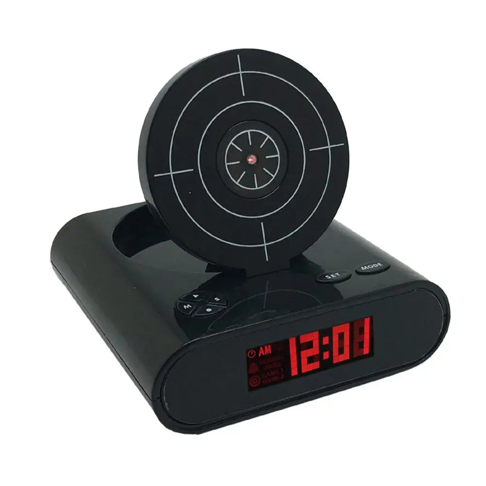 VelmoraMart target alarm clock on a nightstand with an infrared blaster, showing the interactive shooting target feature