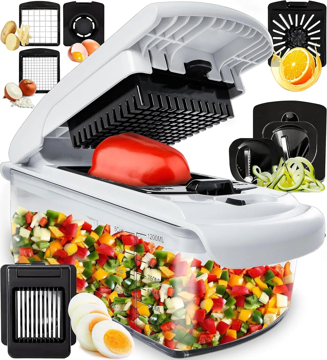 Multifunctional vegetable food cutter slicing fresh zucchini on a kitchen counter