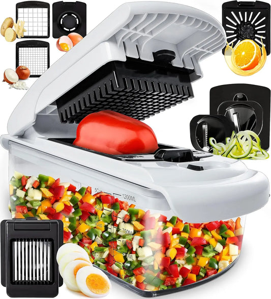 Multifunctional vegetable food cutter slicing fresh zucchini on a kitchen counter