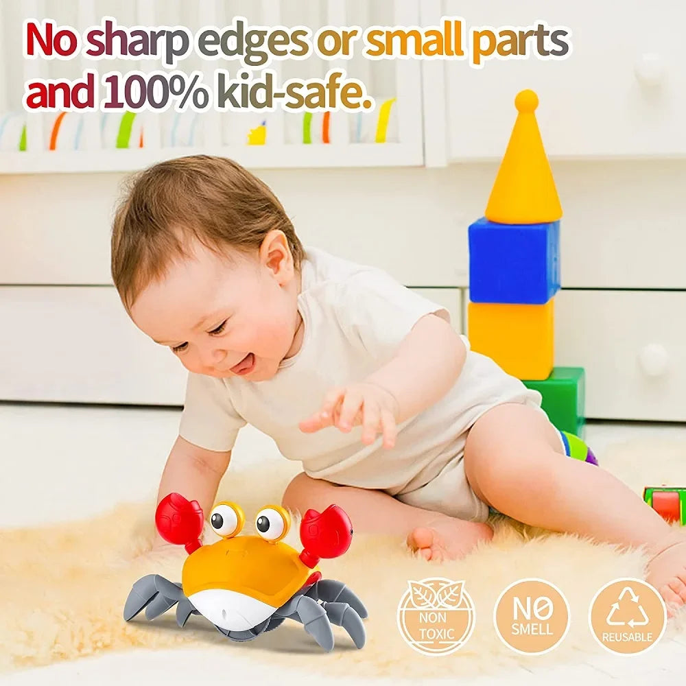 Interactive dancing crab toy for kids with music, crawling action, colorful lights, and obstacle avoidance from VelmoraMart