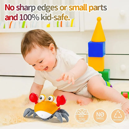 Interactive dancing crab toy for kids with music, crawling action, colorful lights, and obstacle avoidance from VelmoraMart