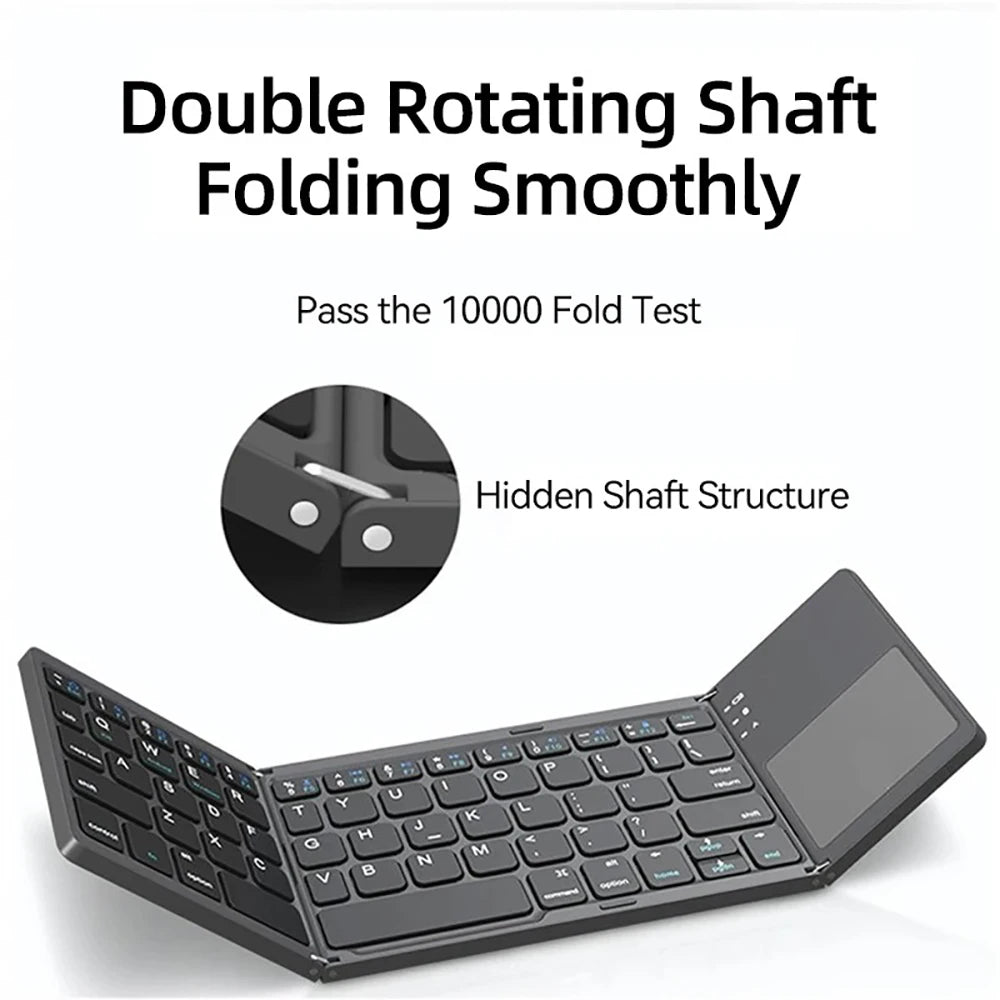 A premium foldable keyboard set up on a mobile desk for travel.