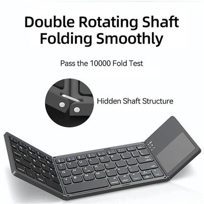 A premium foldable keyboard set up on a mobile desk for travel.