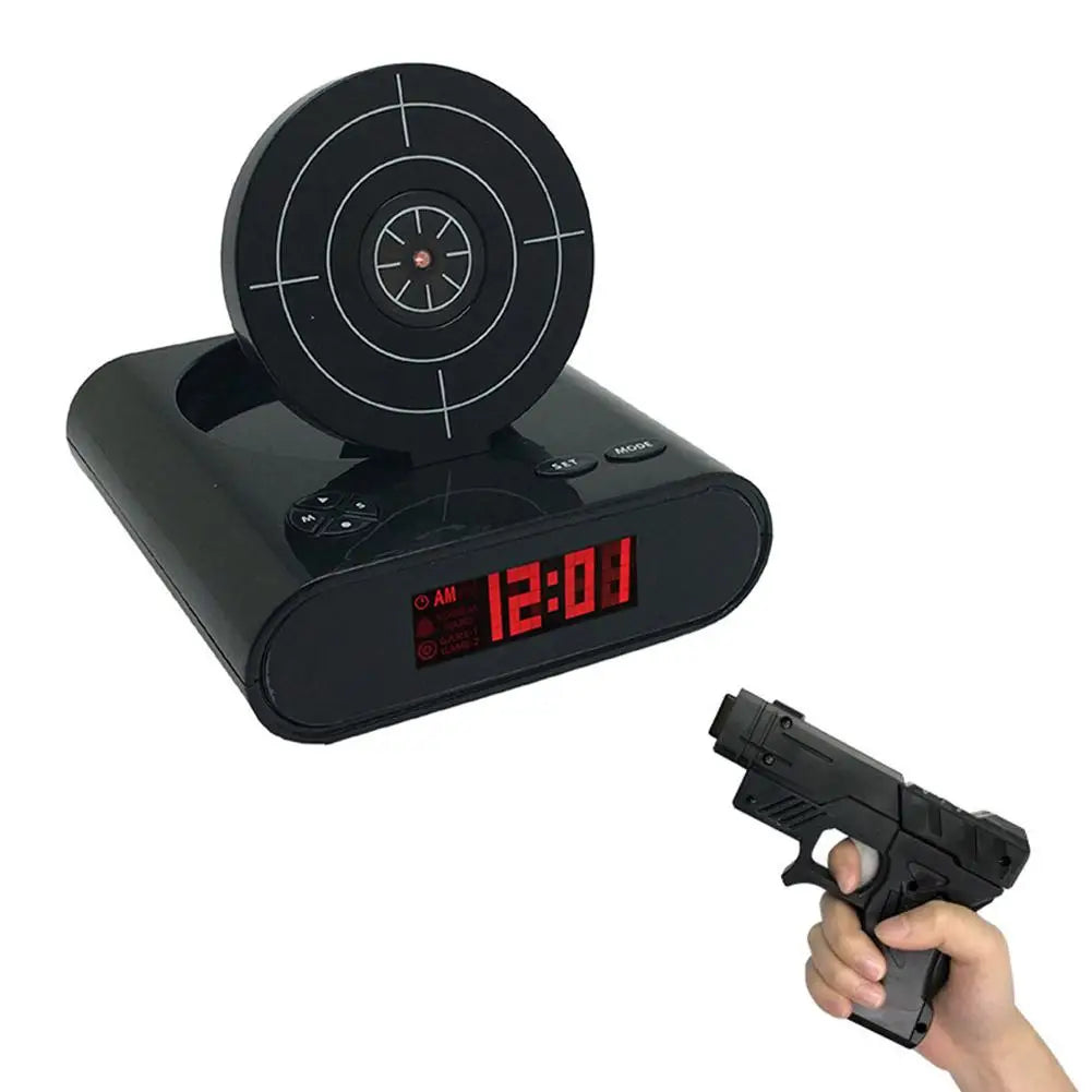 VelmoraMart target alarm clock on a nightstand with an infrared blaster, showing the interactive shooting target feature