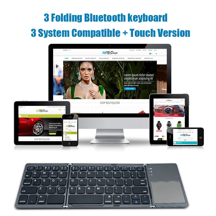 A premium foldable keyboard set up on a mobile desk for travel.