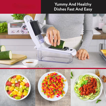 Multifunctional vegetable food cutter slicing fresh zucchini on a kitchen counter