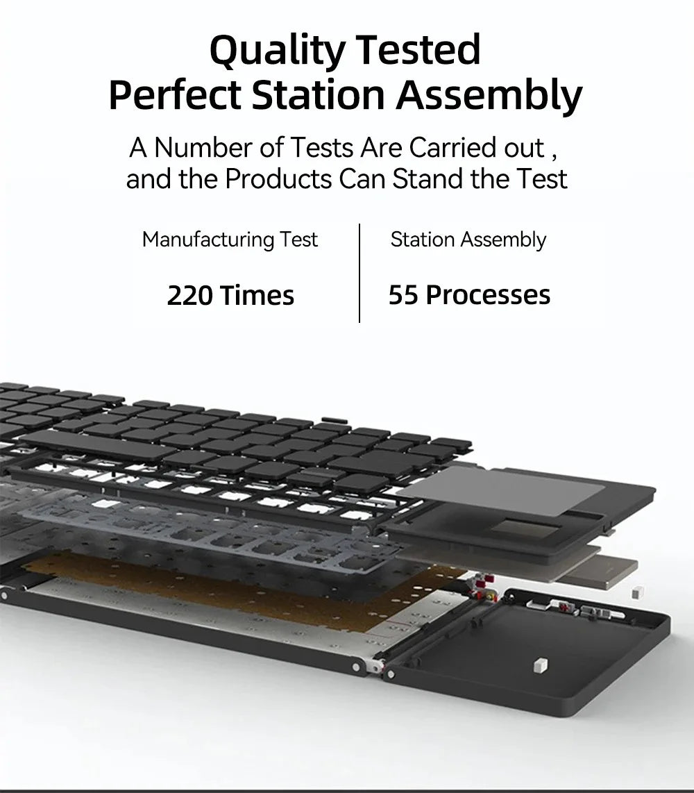 A premium foldable keyboard set up on a mobile desk for travel.