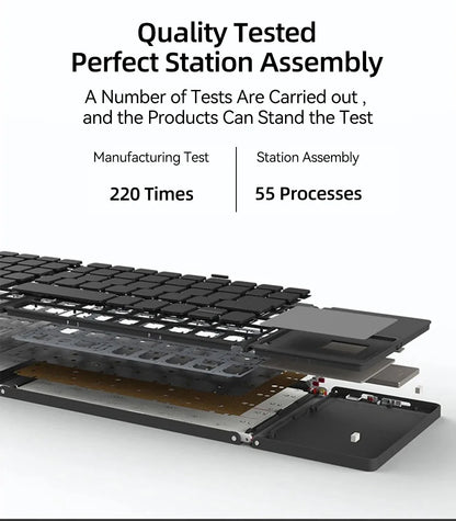 A premium foldable keyboard set up on a mobile desk for travel.