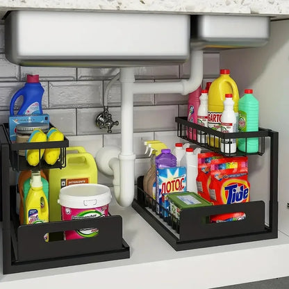 Under kitchen sink organizer with 2-tier sliding drawers for kitchen and bathroom storage, pull-out cabinet organizer for cleaning supplies by VelmoraMart
