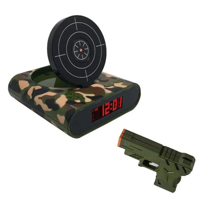 VelmoraMart target alarm clock on a nightstand with an infrared blaster, showing the interactive shooting target feature