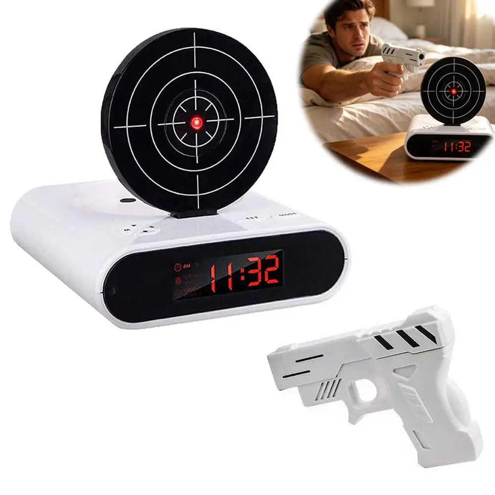 VelmoraMart target alarm clock on a nightstand with an infrared blaster, showing the interactive shooting target feature