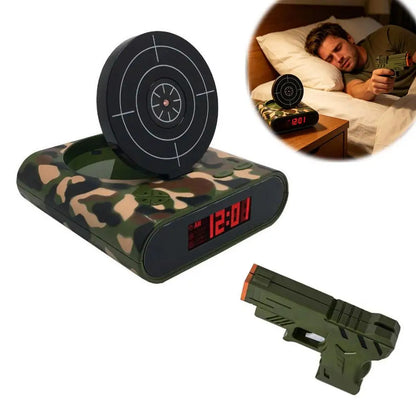VelmoraMart target alarm clock on a nightstand with an infrared blaster, showing the interactive shooting target feature