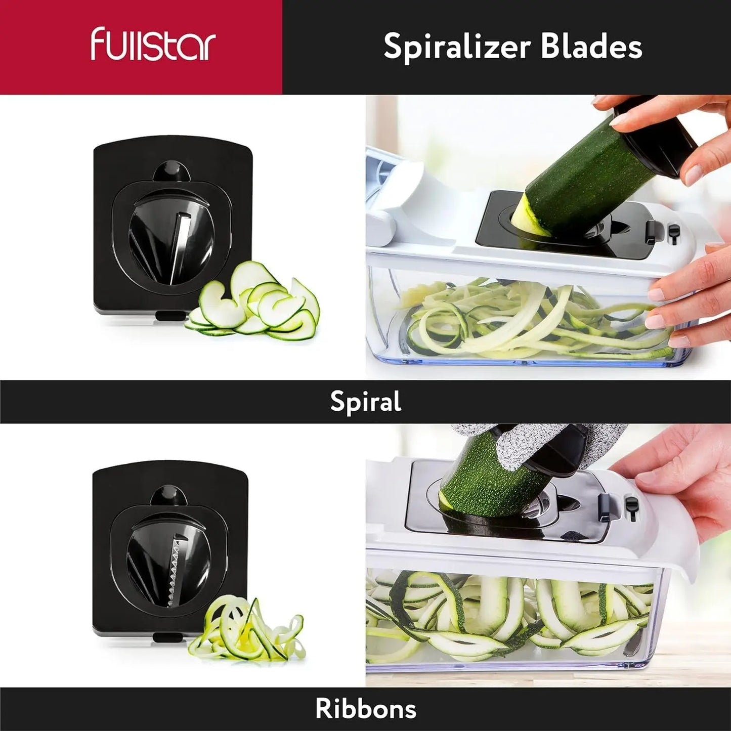 Multifunctional vegetable food cutter slicing fresh zucchini on a kitchen counter