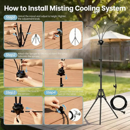 VelmoraMart outdoor misting system installed on a wooden patio providing cooling mist