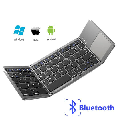A premium foldable keyboard set up on a mobile desk for travel.