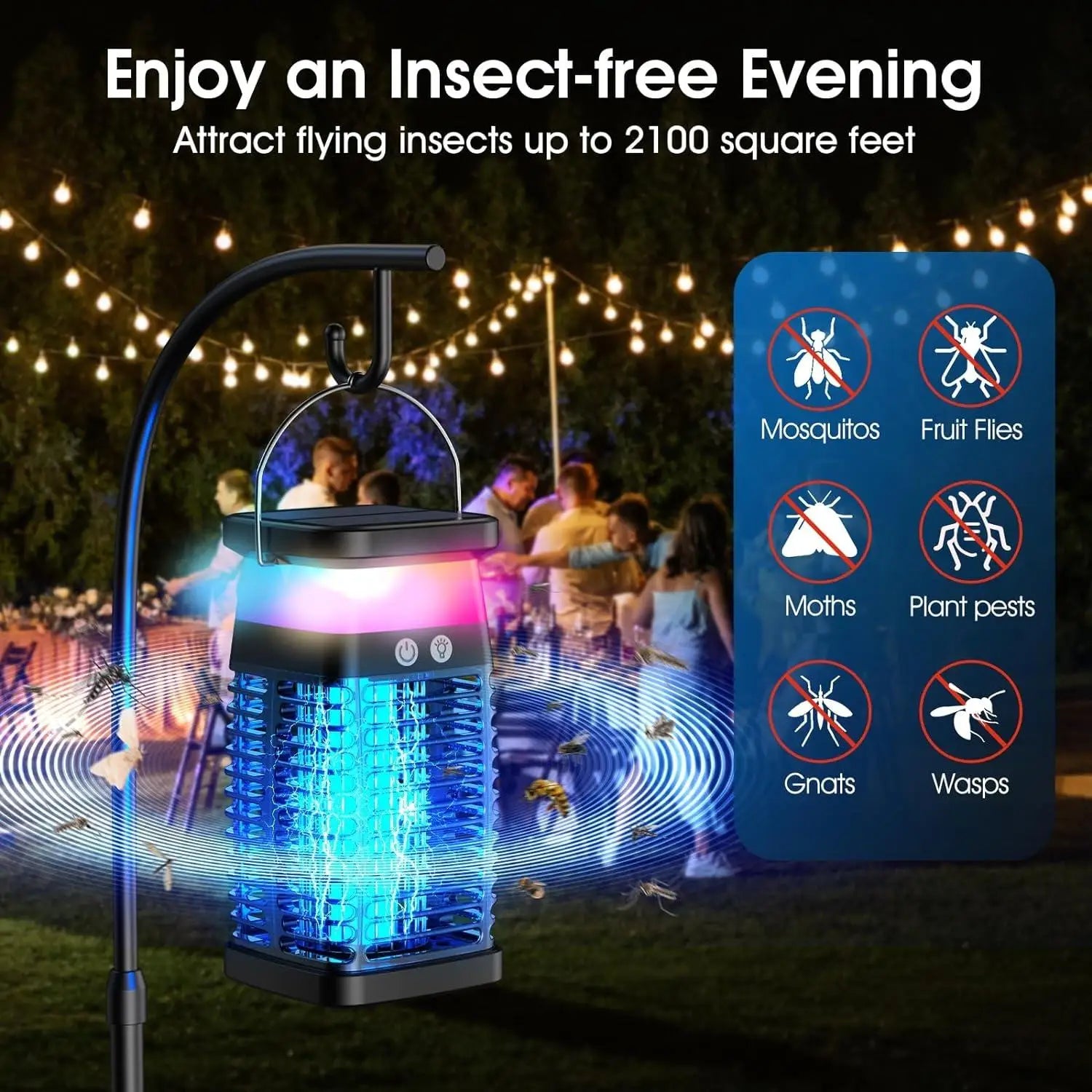 VelmoraMart solar bug zapper providing effective outdoor pest control in a garden setting