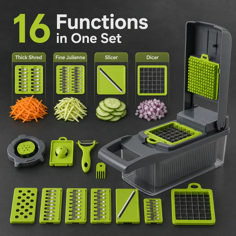 Manual vegetable chopper slicing fresh vegetables on a kitchen counter