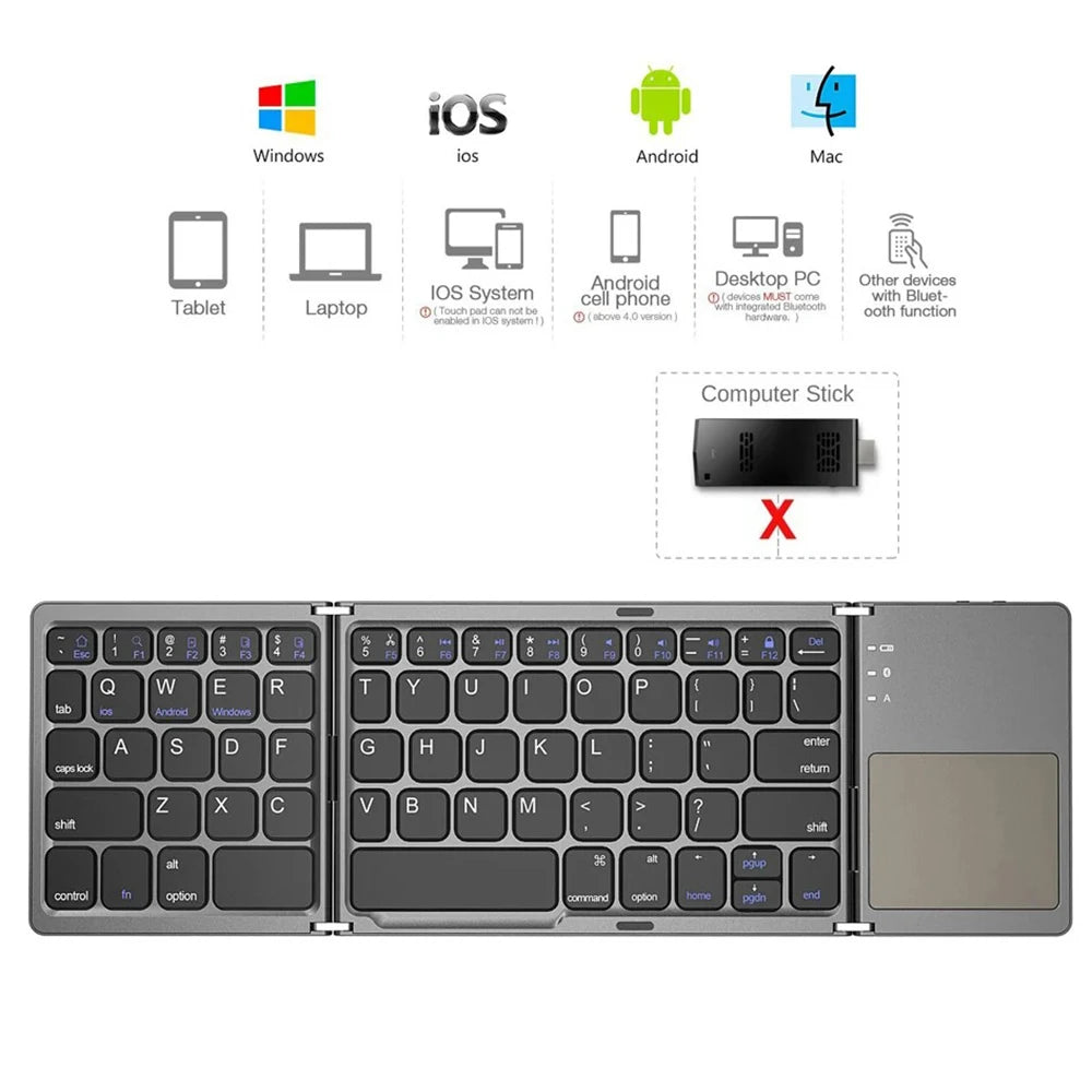 A premium foldable keyboard set up on a mobile desk for travel.