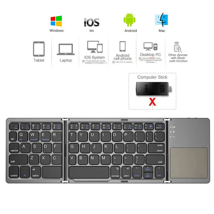 A premium foldable keyboard set up on a mobile desk for travel.