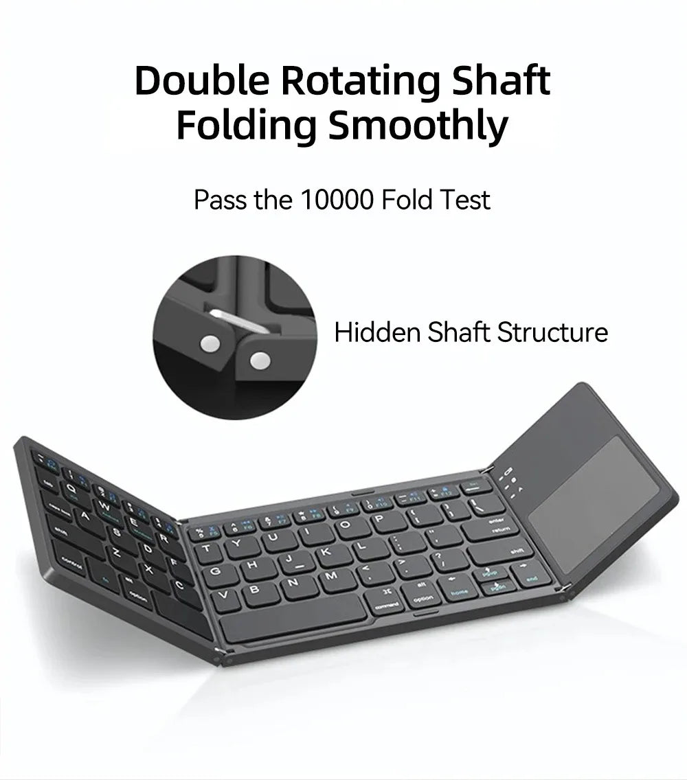 A premium foldable keyboard set up on a mobile desk for travel.