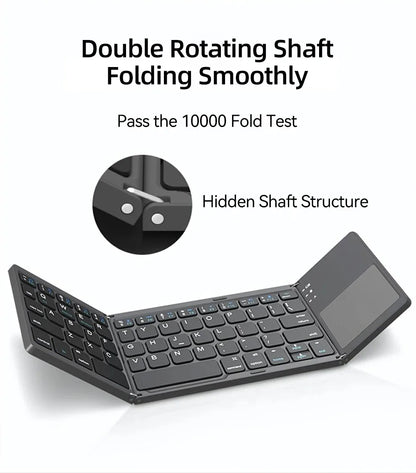 A premium foldable keyboard set up on a mobile desk for travel.