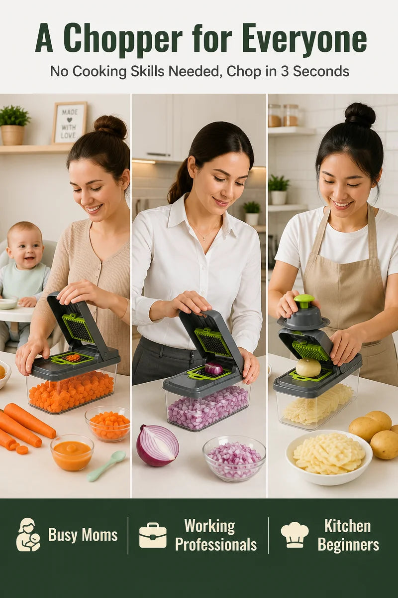 Manual vegetable chopper slicing fresh vegetables on a kitchen counter