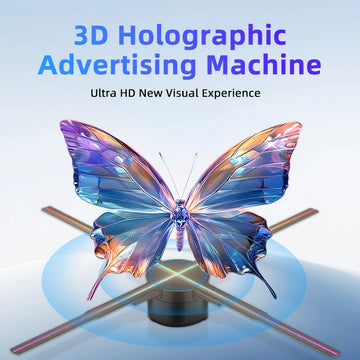 VelmoraMart 3D hologram projector display showing a floating LED animation in a modern retail space.
