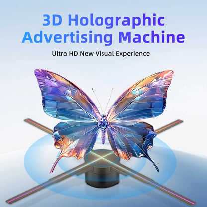 VelmoraMart 3D hologram projector display showing a floating LED animation in a modern retail space.