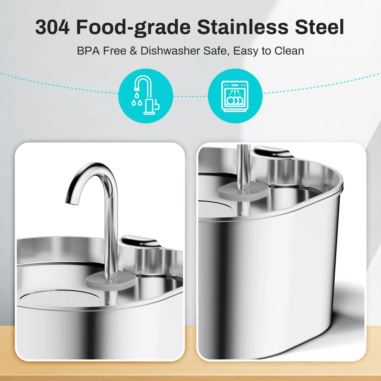 Stainless steel kitchen sink with features highlighted on a light gray background