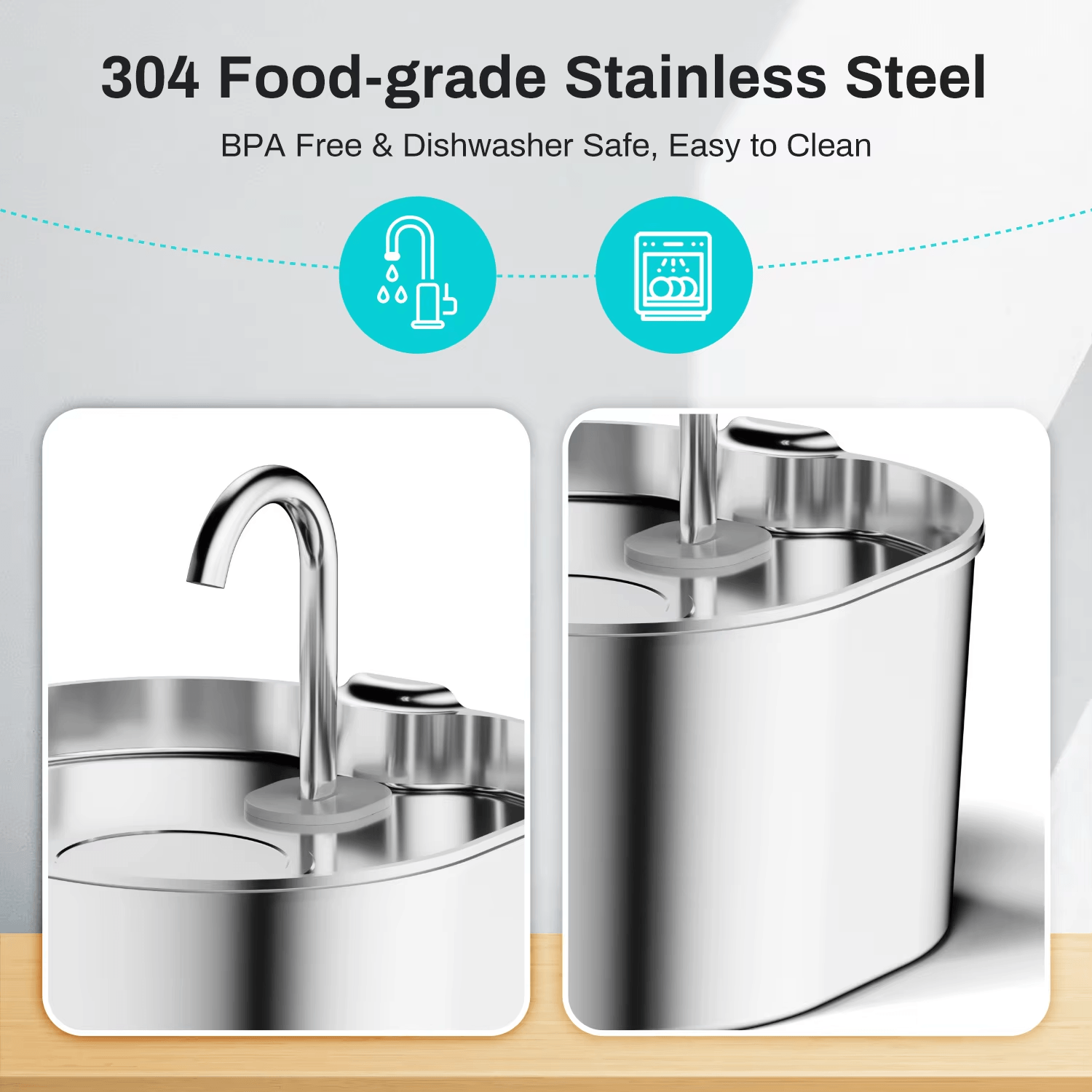 Stainless steel kitchen sink with features highlighted on a light gray background