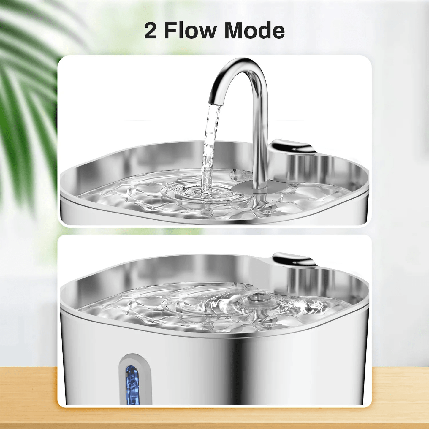 Stainless steel pet water fountain with two flow modes on a light background