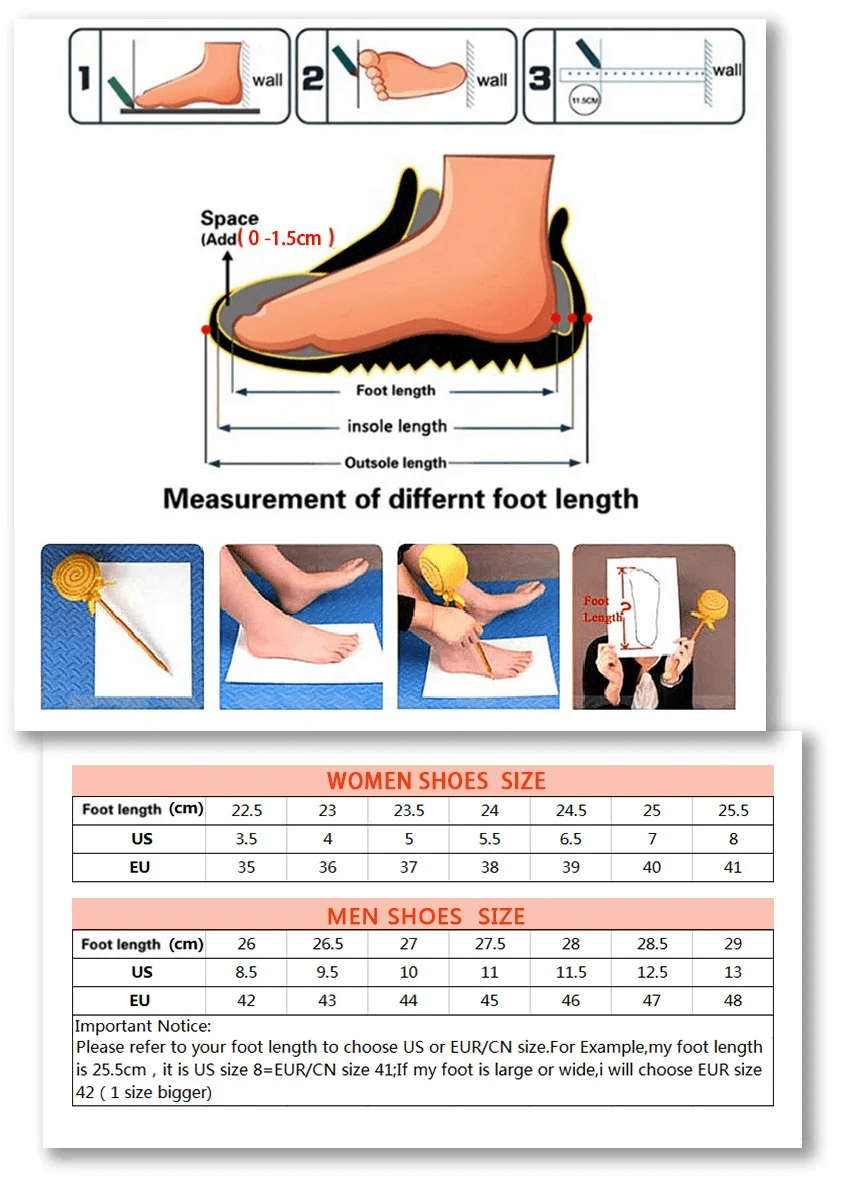 Instructions for measuring foot length with a diagram and size chart for shoes.