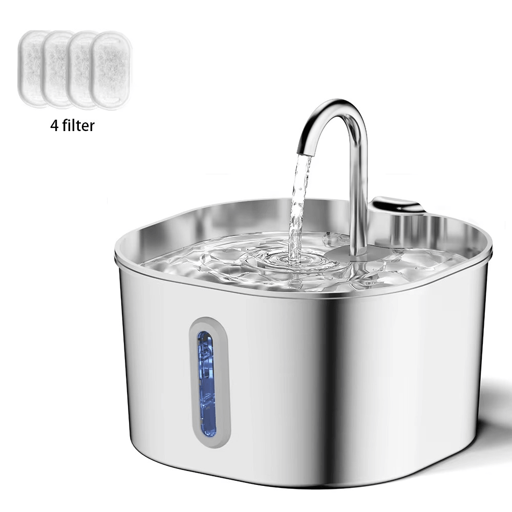 Stainless steel pet water fountain with water flowing and four filter cartridges on a white background