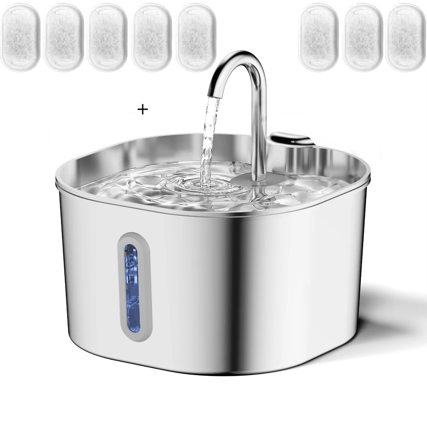 Stainless steel pet water fountain with water flowing out, surrounded by water filter cartridges.