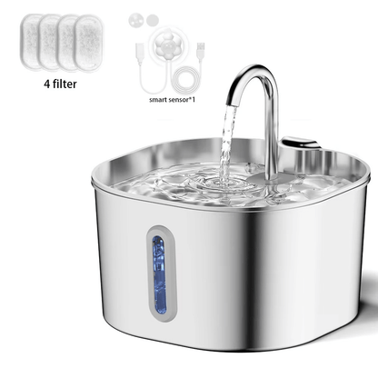 Stainless steel pet water fountain with filters and smart sensor on a white background