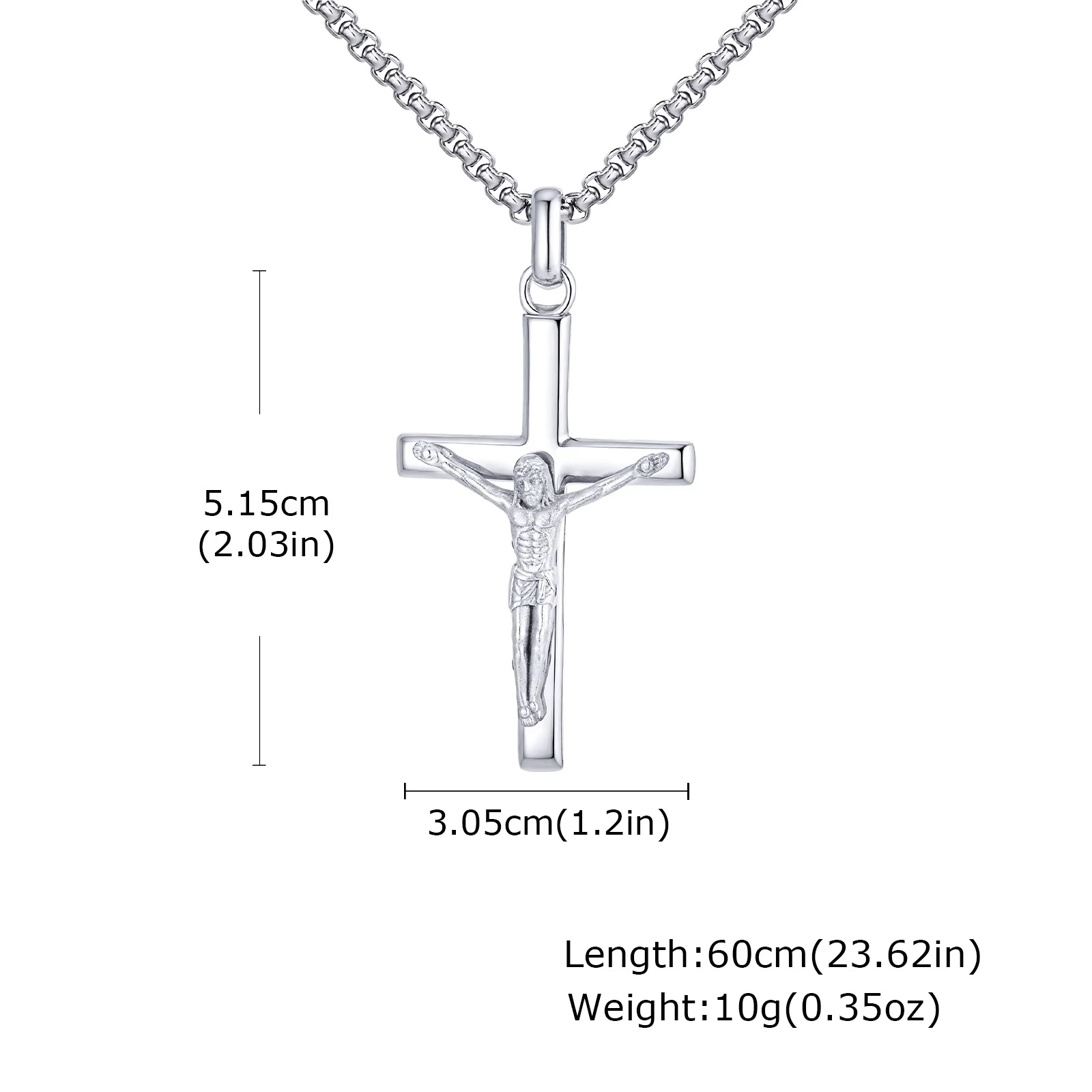 Silver crucifix pendant with measurements on a white background