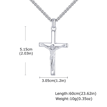 Silver crucifix pendant with measurements on a white background